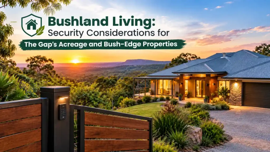 Bushland home security in The Gap featuring a secure entry gate and modern home surrounded by native bushland