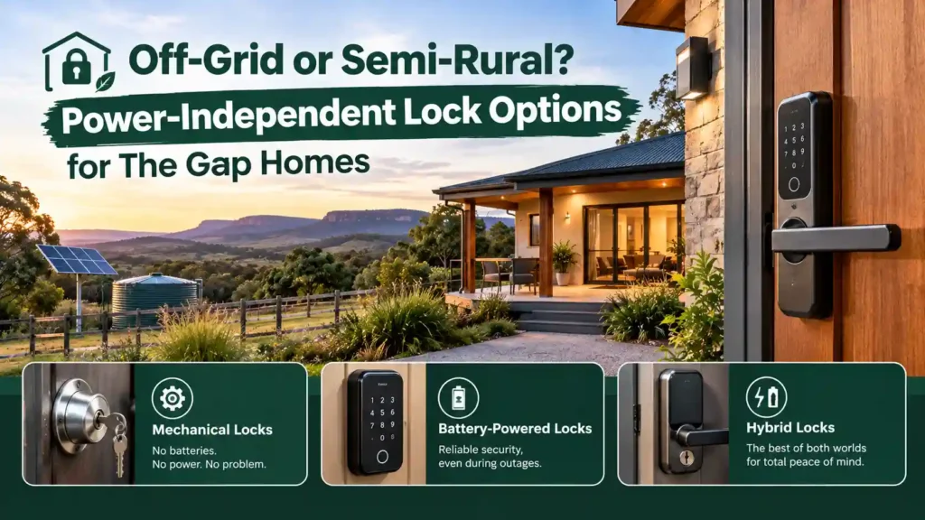 Power-independent locks for The Gap homes, showing a mechanical lock, battery-powered keypad lock and hybrid door lock