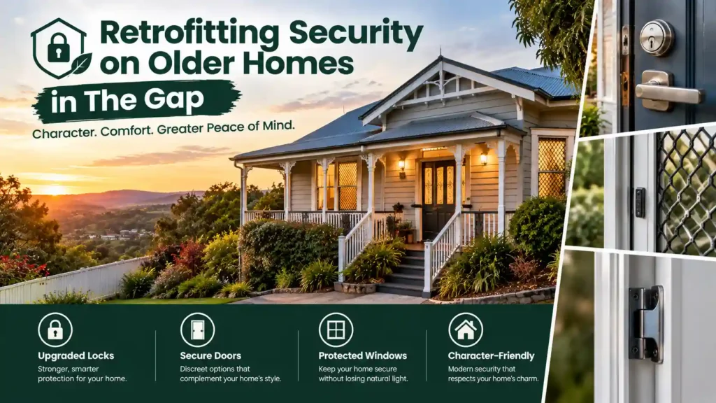 Retrofitted security features on an older hillside home in The Gap, including upgraded door locks, window screens and secure door hardware