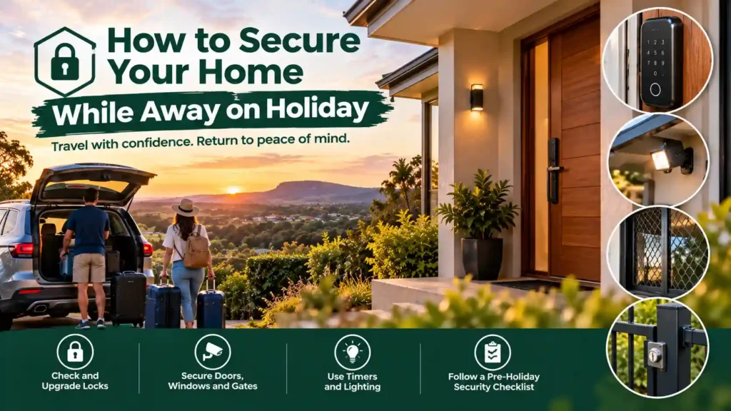 Home security while on holiday, showing a couple securing their front door before leaving their home in The Gap