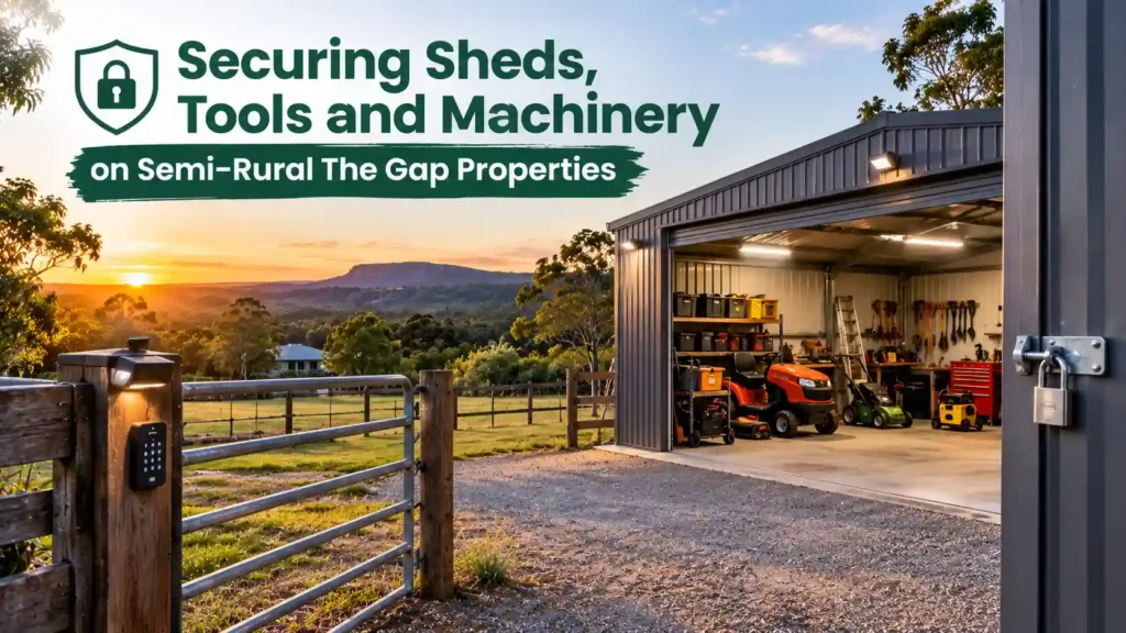 Secure shed with padlock, tools, lawn mowers and machinery on a semi-rural property in The Gap